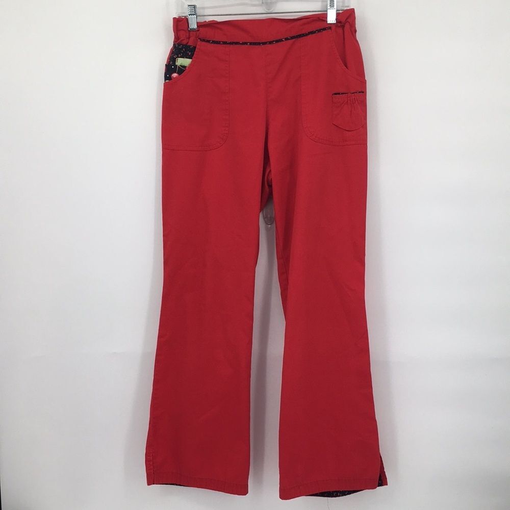 ME Mary Engelbreit Red Scrub Flare Leg with Pockets Cherry Trim Medium